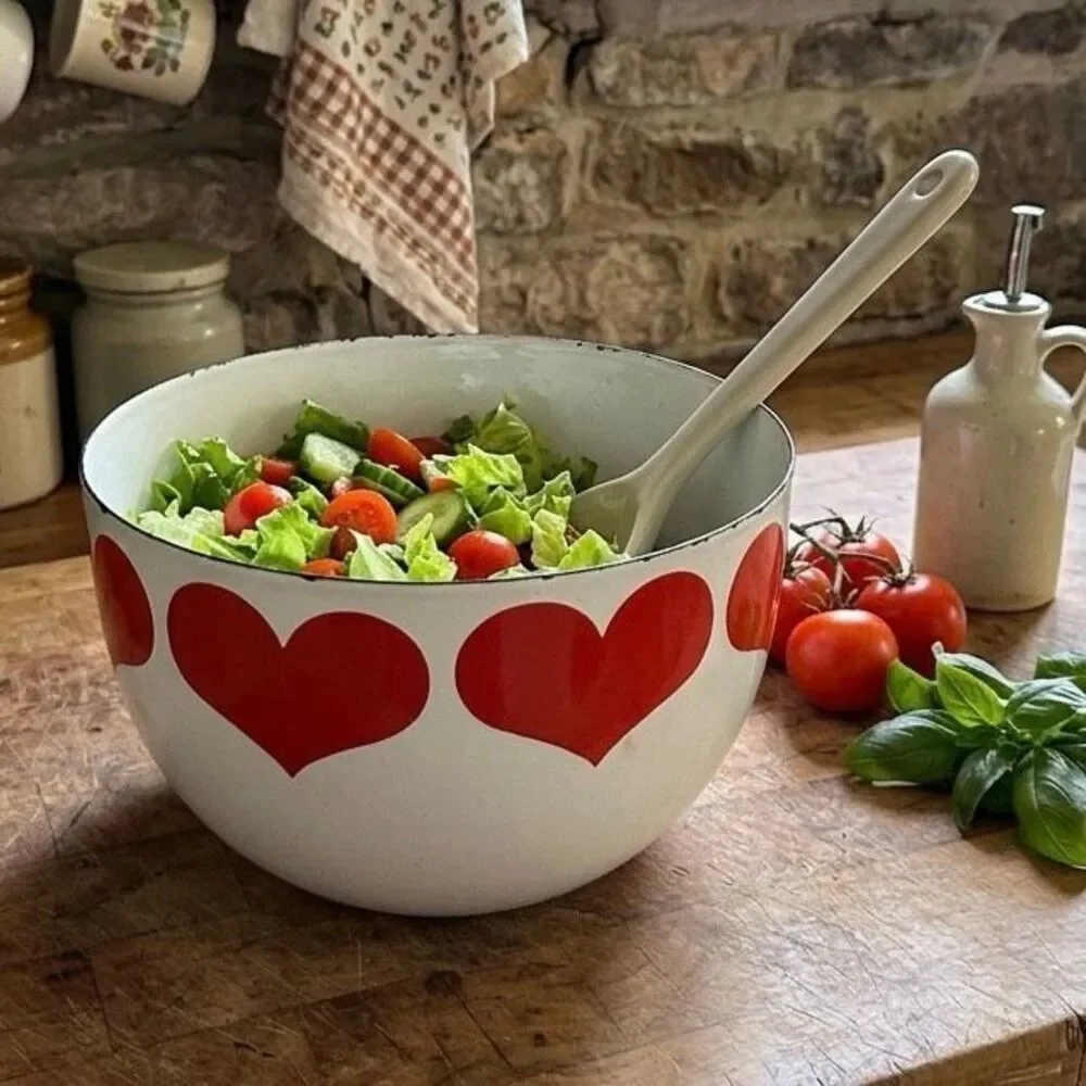 Vintage Kaj Franck Enamel Bowl Red Hearts Pattern Finel Arabia Finland MCM